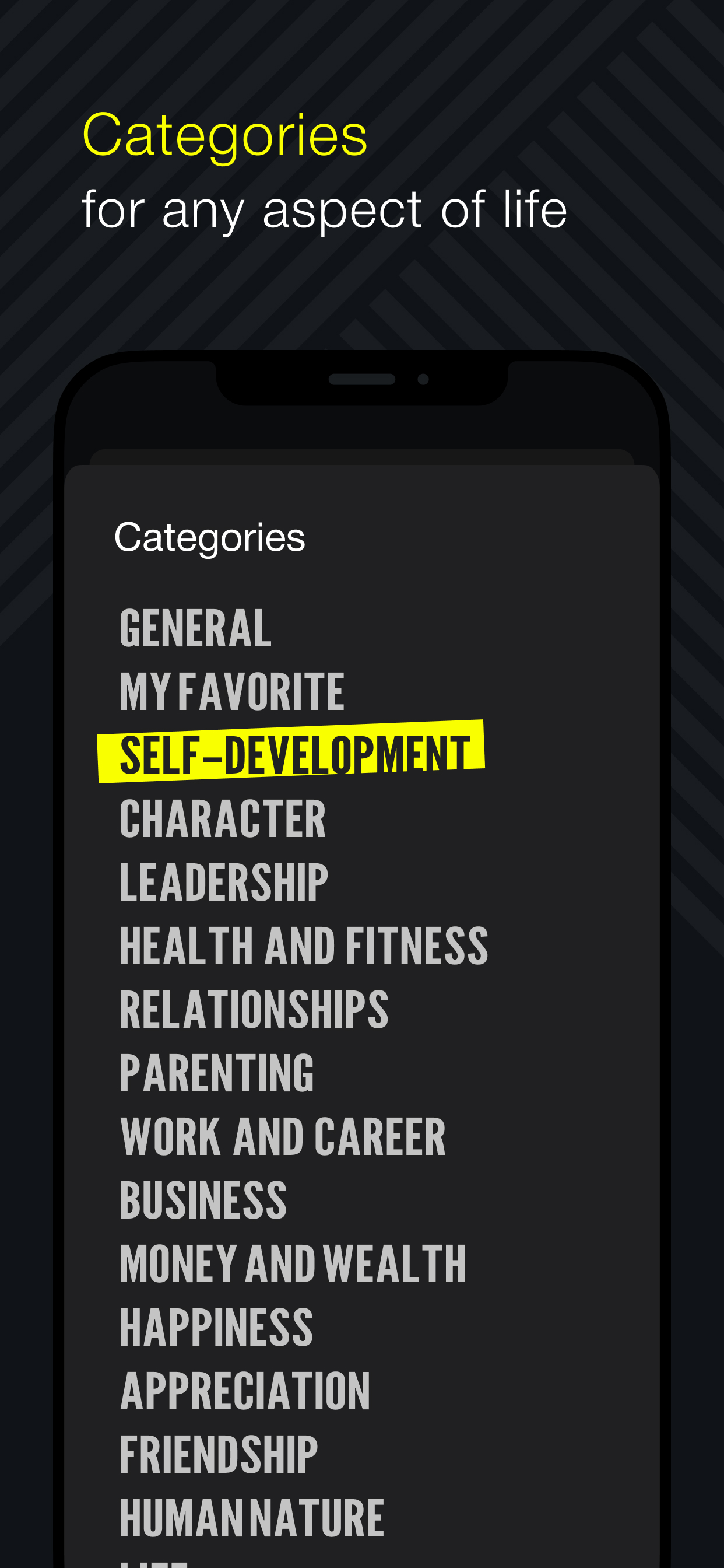 Category list in the app with Self-development highlighted in yellow